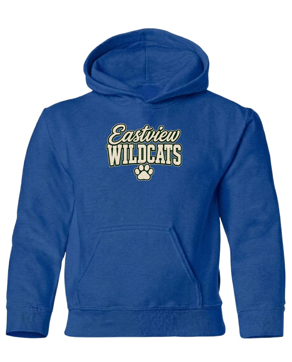 A blue hoodie with the text "Eastview Wildcats" printed on it.