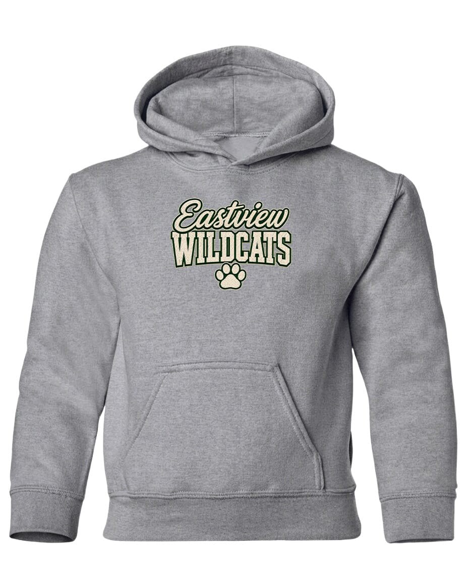 A gray hooded sweatshirt with the text "Eastview Wildcats" printed on it.