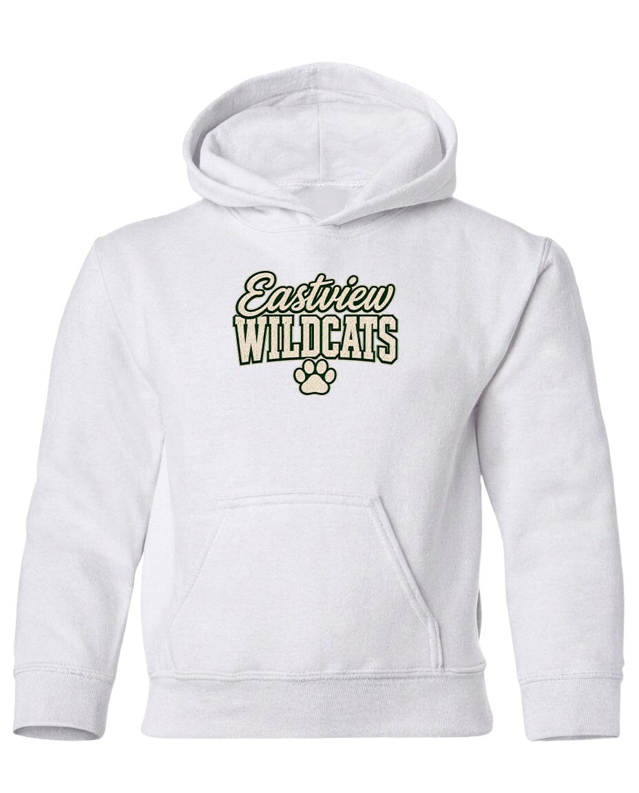 A white hoodie with the text "Eastview Wildcats" printed on it.