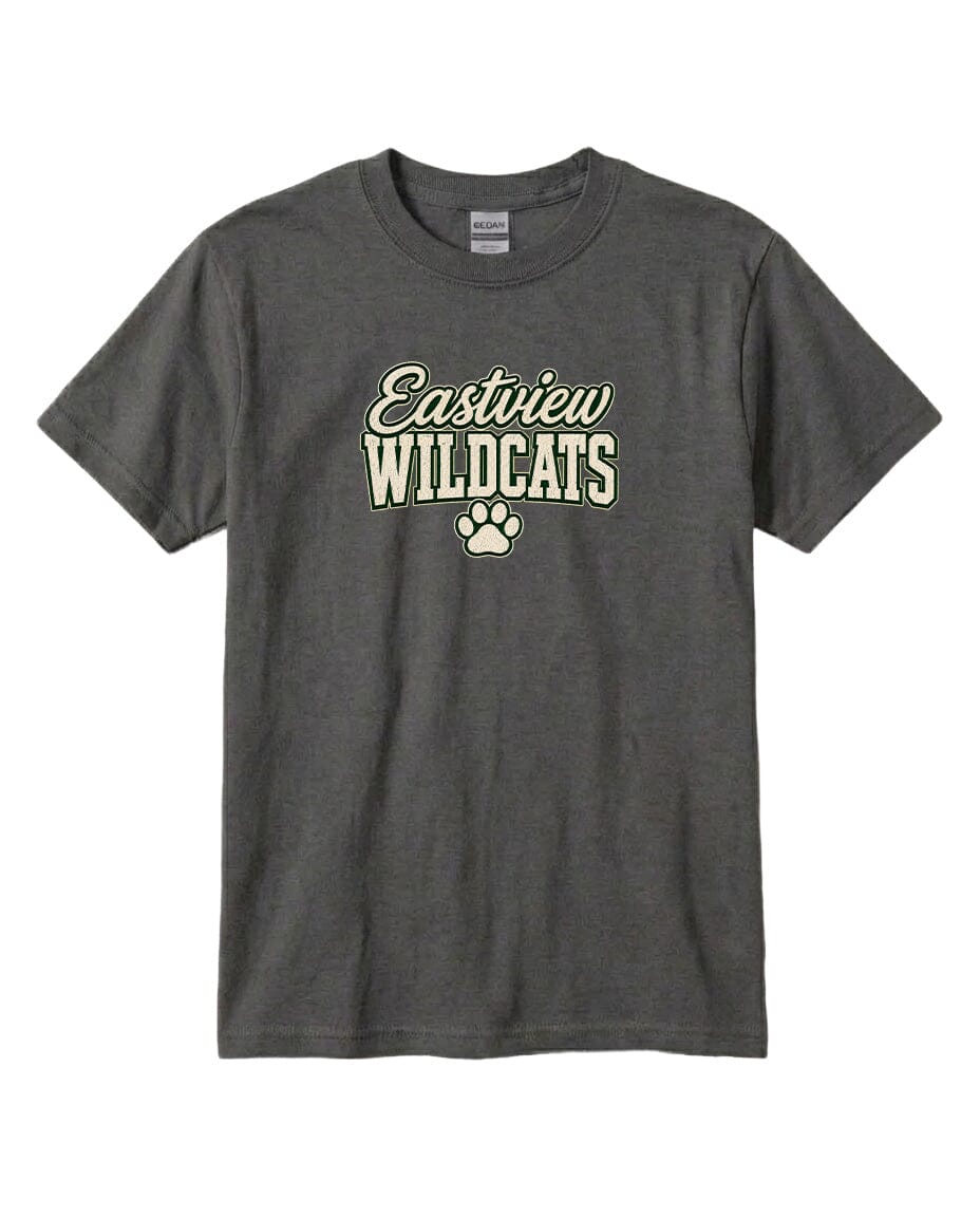 A gray t-shirt with the text "Eastview Wildcats" printed on it.