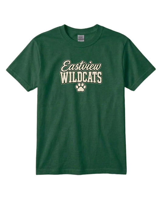 A green t-shirt with the text "Eastview Wildcats" printed on it.