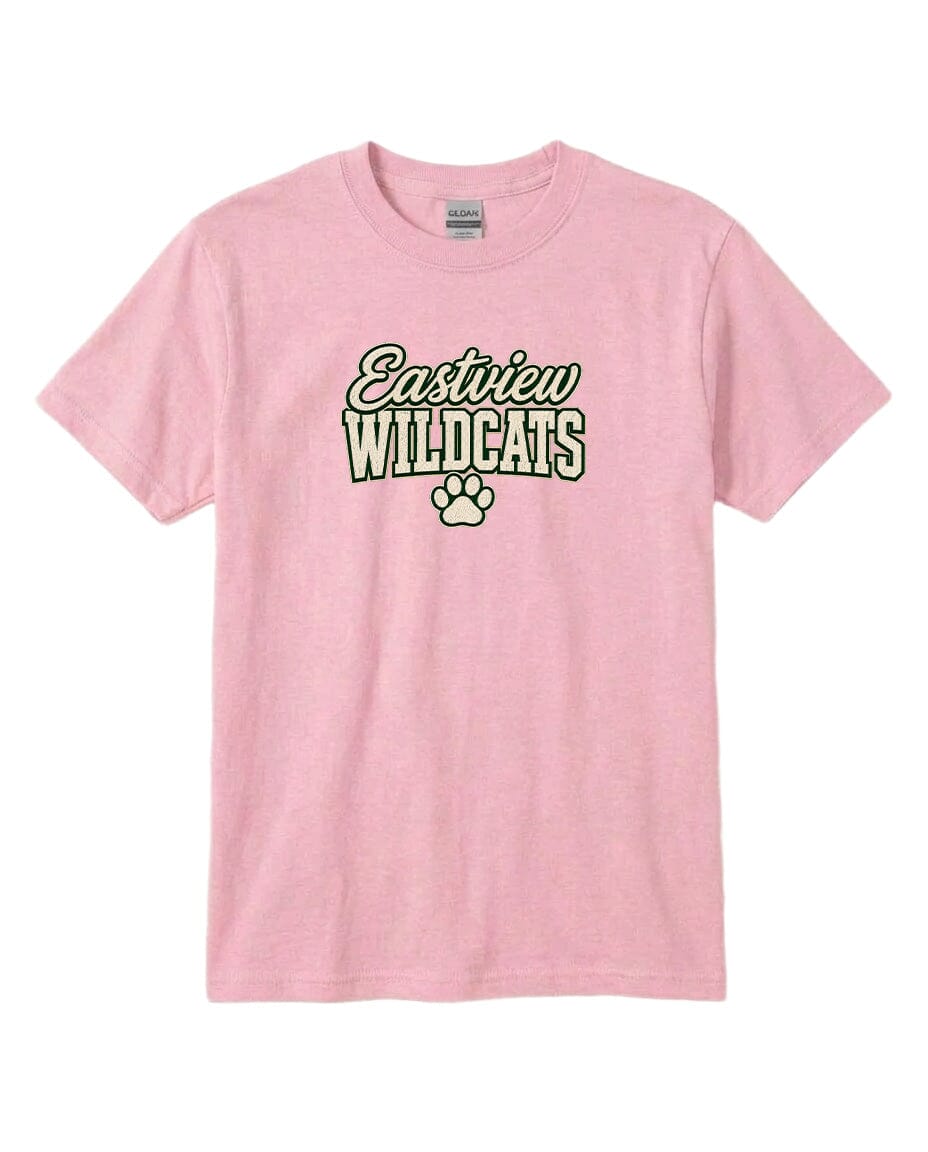A pink t-shirt with the text "Eastview Wildcats" printed on it.