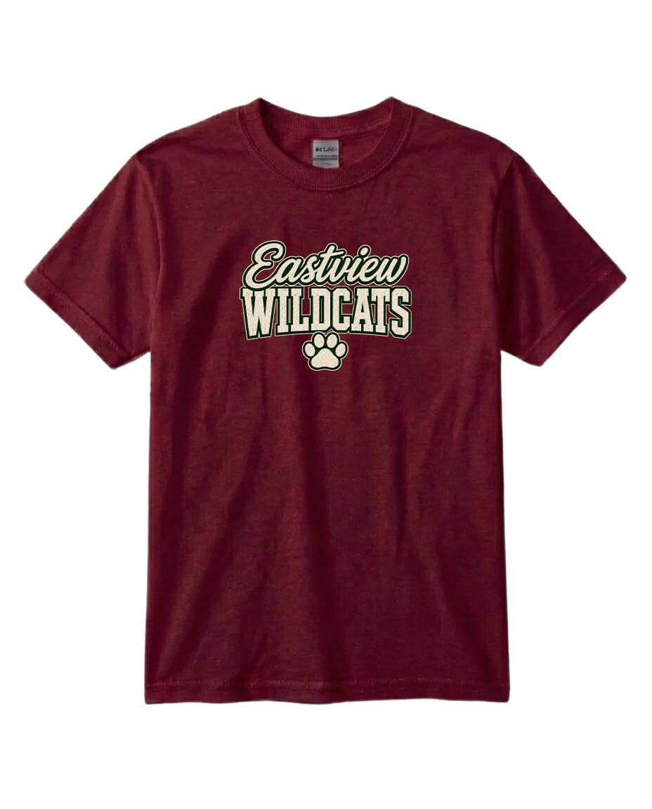 A burgundy-colored t-shirt with the text "Eastview Wildcats" printed on it.