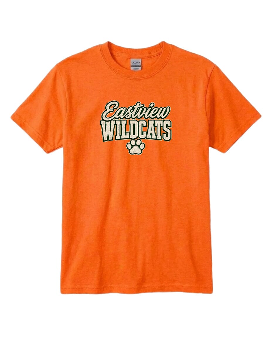An orange t-shirt with the text "Eastview Wildcats" printed on it.