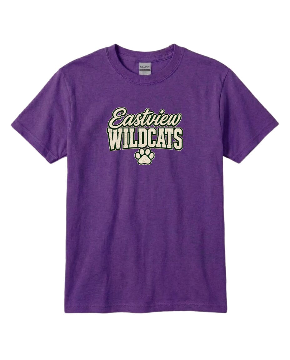 A purple t-shirt with the text "Eastview Wildcats" printed on it.