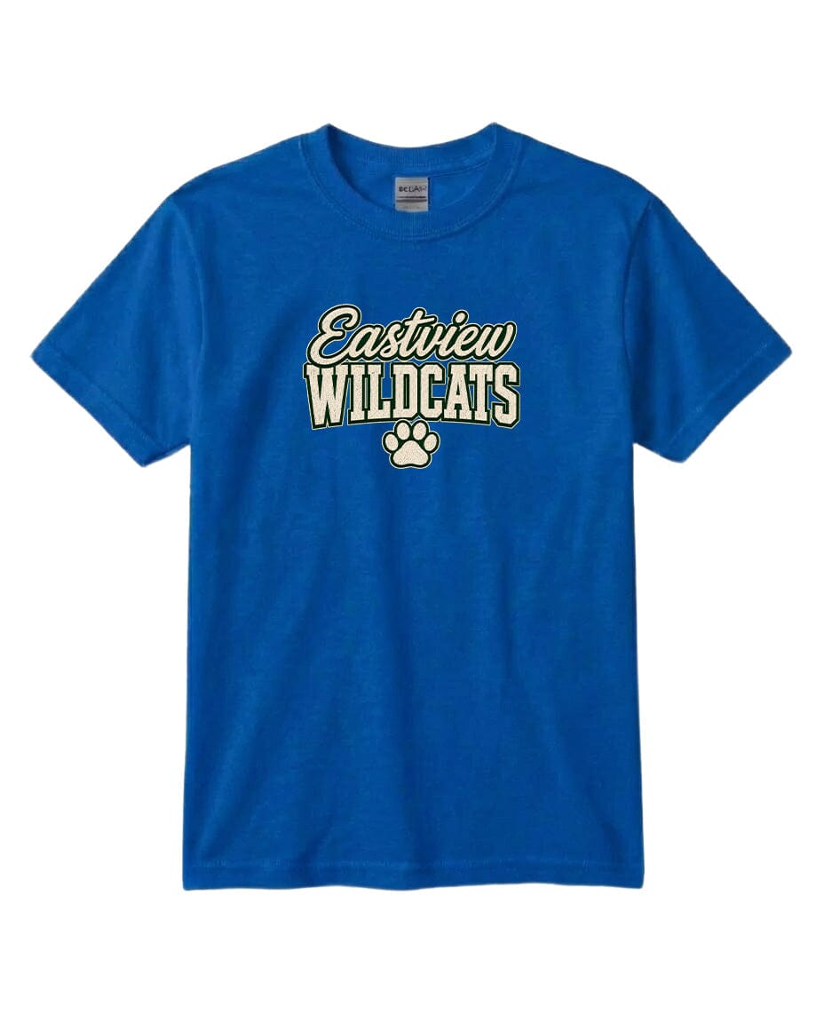 A blue t-shirt with the text "Eastview Wildcats" printed on it.