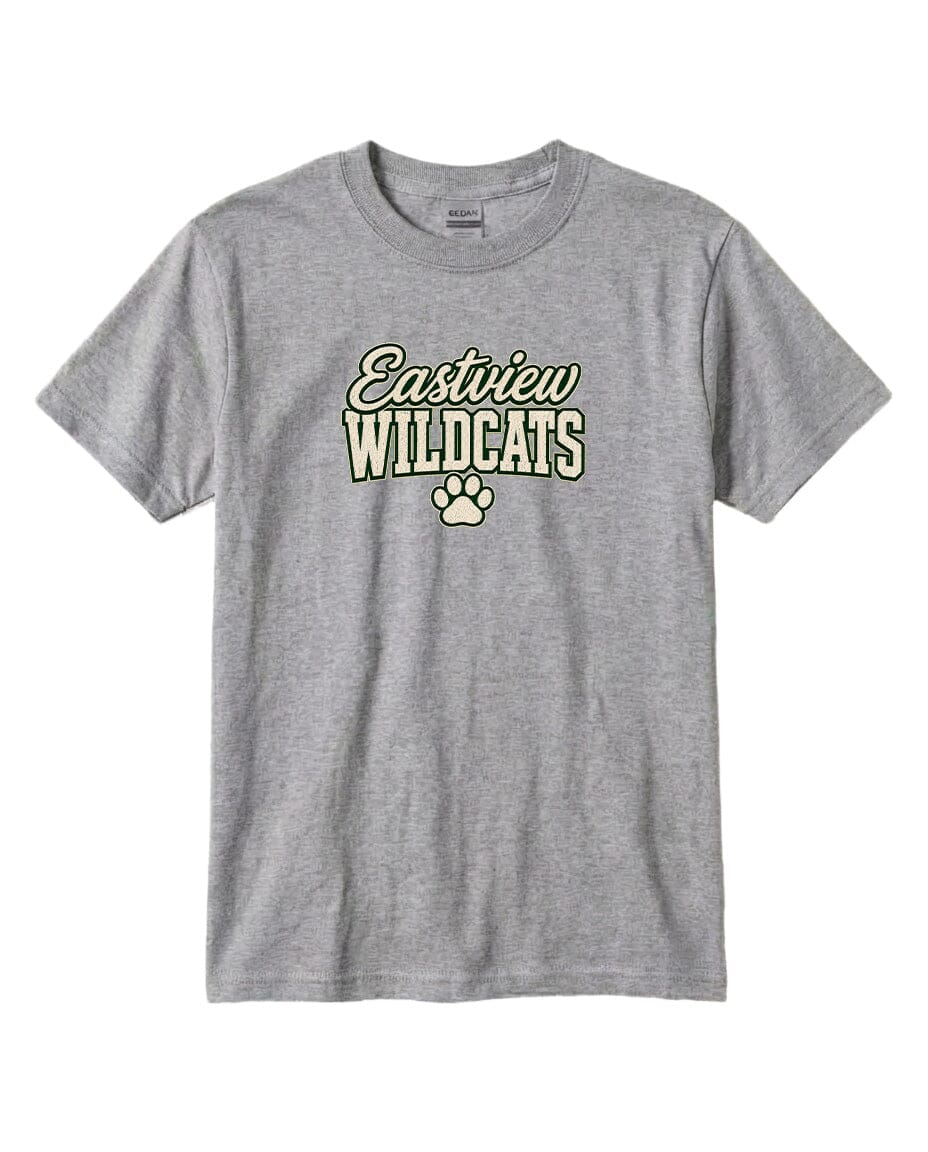 A gray t-shirt with the text "Eastview Wildcats" printed on it.