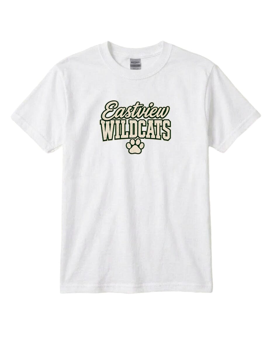 A white t-shirt with the text "Eastview Wildcats" printed on it.