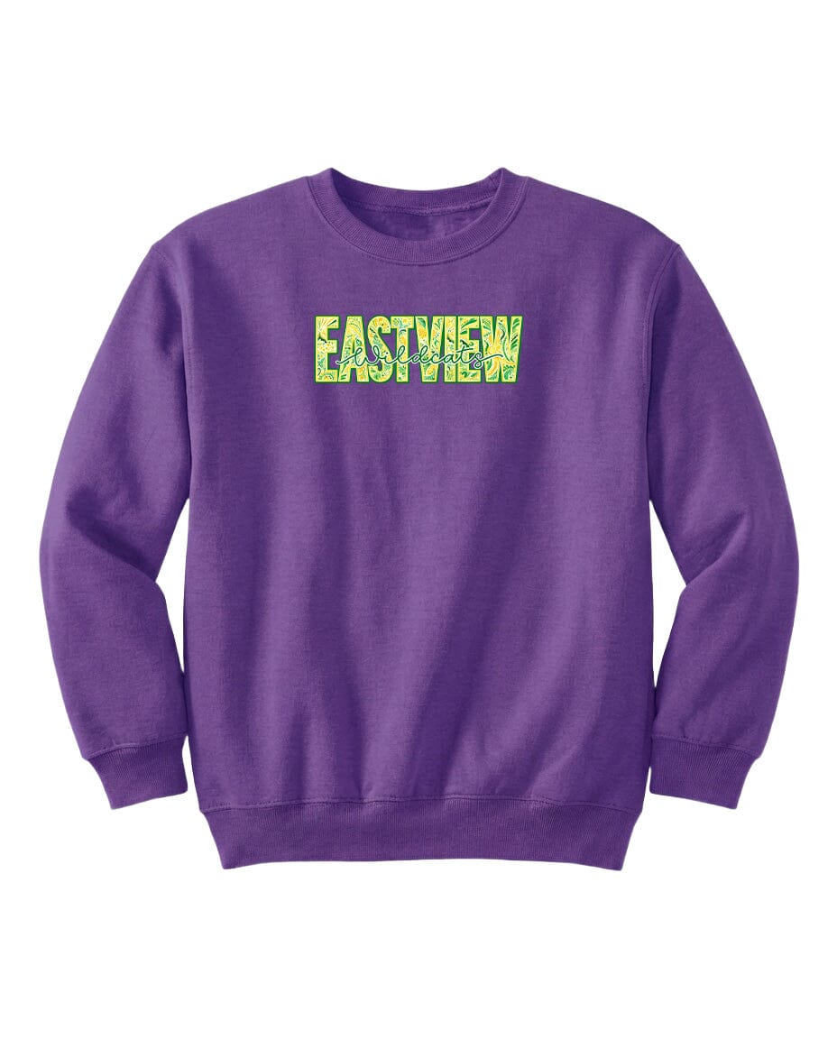A purple sweatshirt with the word "EASTVIEW" printed on it in a stylized font.