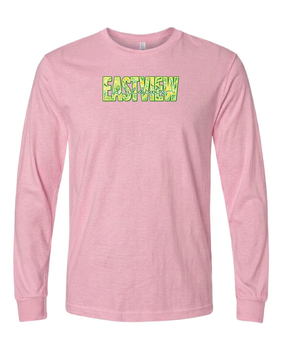 A pink long-sleeved t-shirt with the text "EASTVIEW" printed on it in a stylized font.