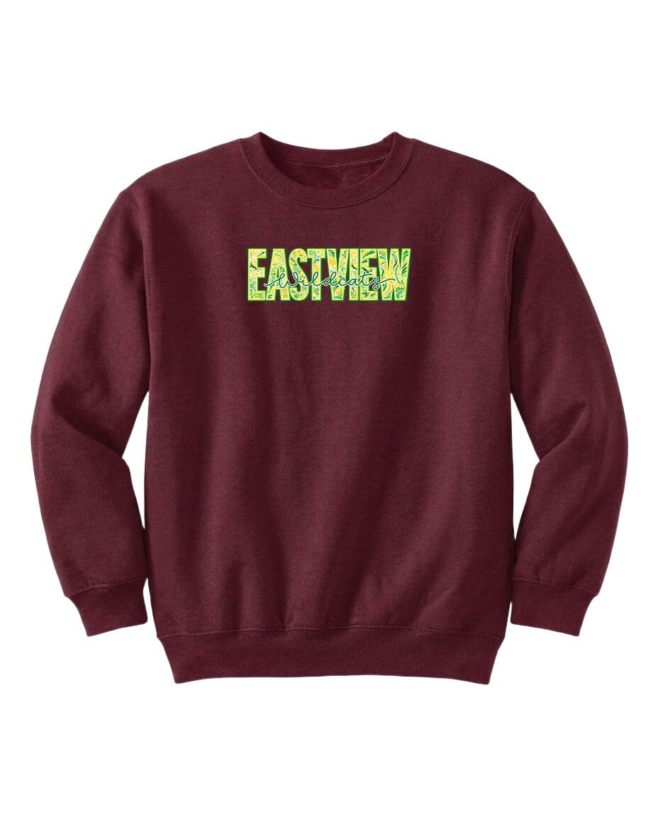 A burgundy sweatshirt with the word "EASTVIEW" printed in green on the front.