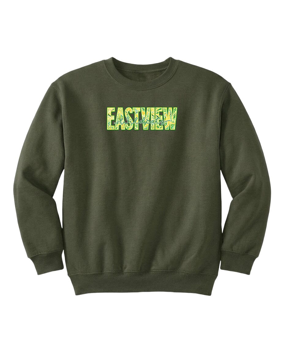 A dark green sweatshirt with the word "EASTVIEW" printed in yellow letters across the chest.