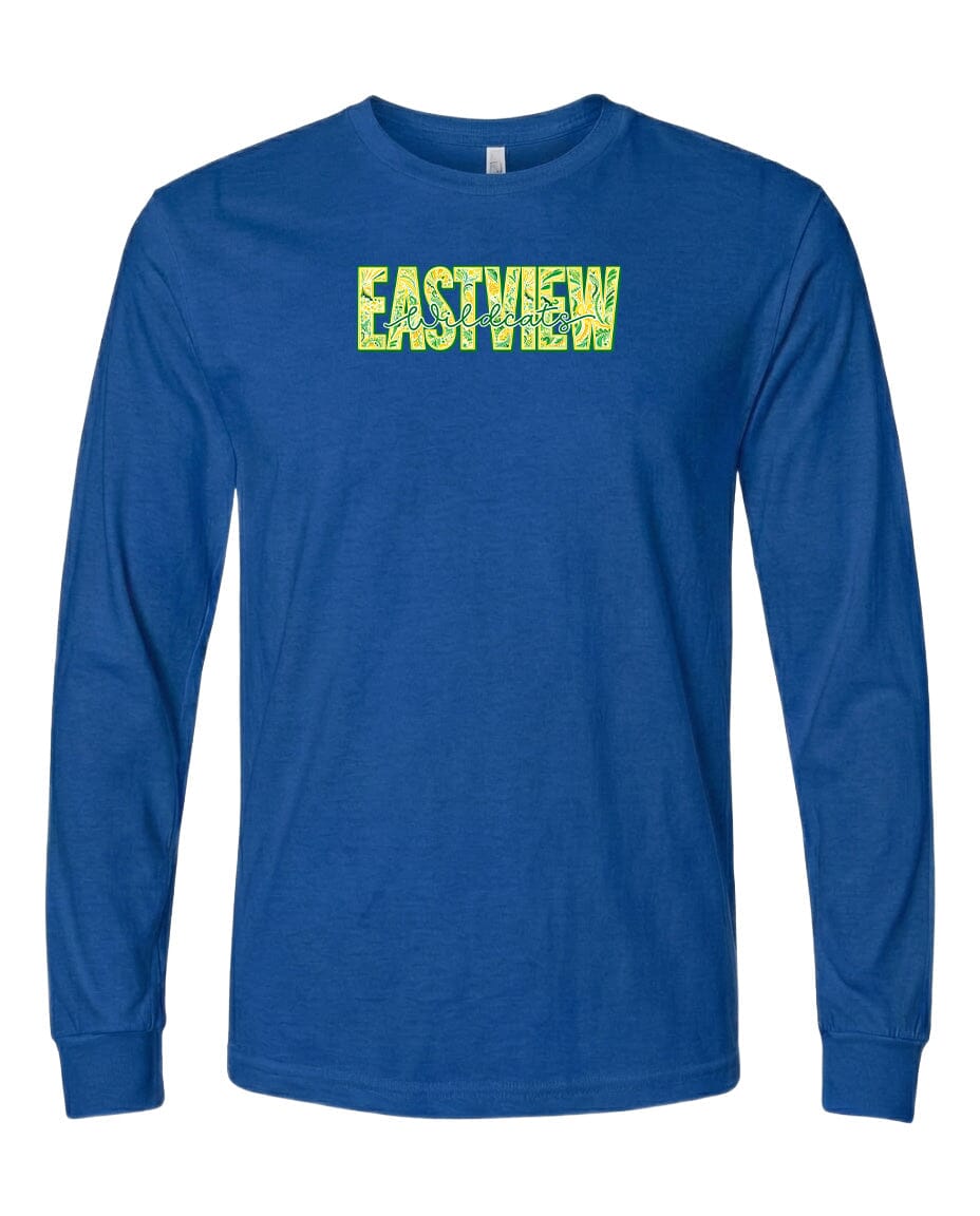 A blue long-sleeved t-shirt with the word "EASTVIEW" printed in yellow letters across the front.