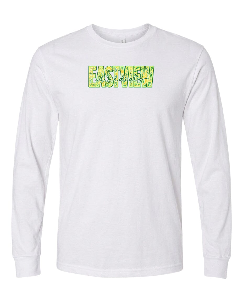 A white long-sleeved t-shirt with the text "EASTVIEW" printed on it in a stylized font.