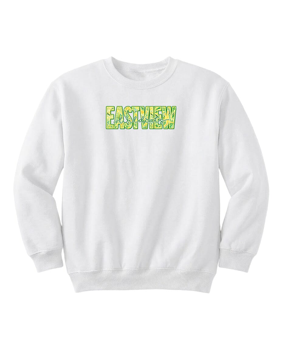 A white sweatshirt with the word "EASTVIEW" printed in green text across the front.
