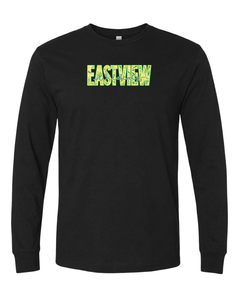 A black long-sleeved t-shirt with the word "EASTVIEW" printed in green and yellow letters across the front.