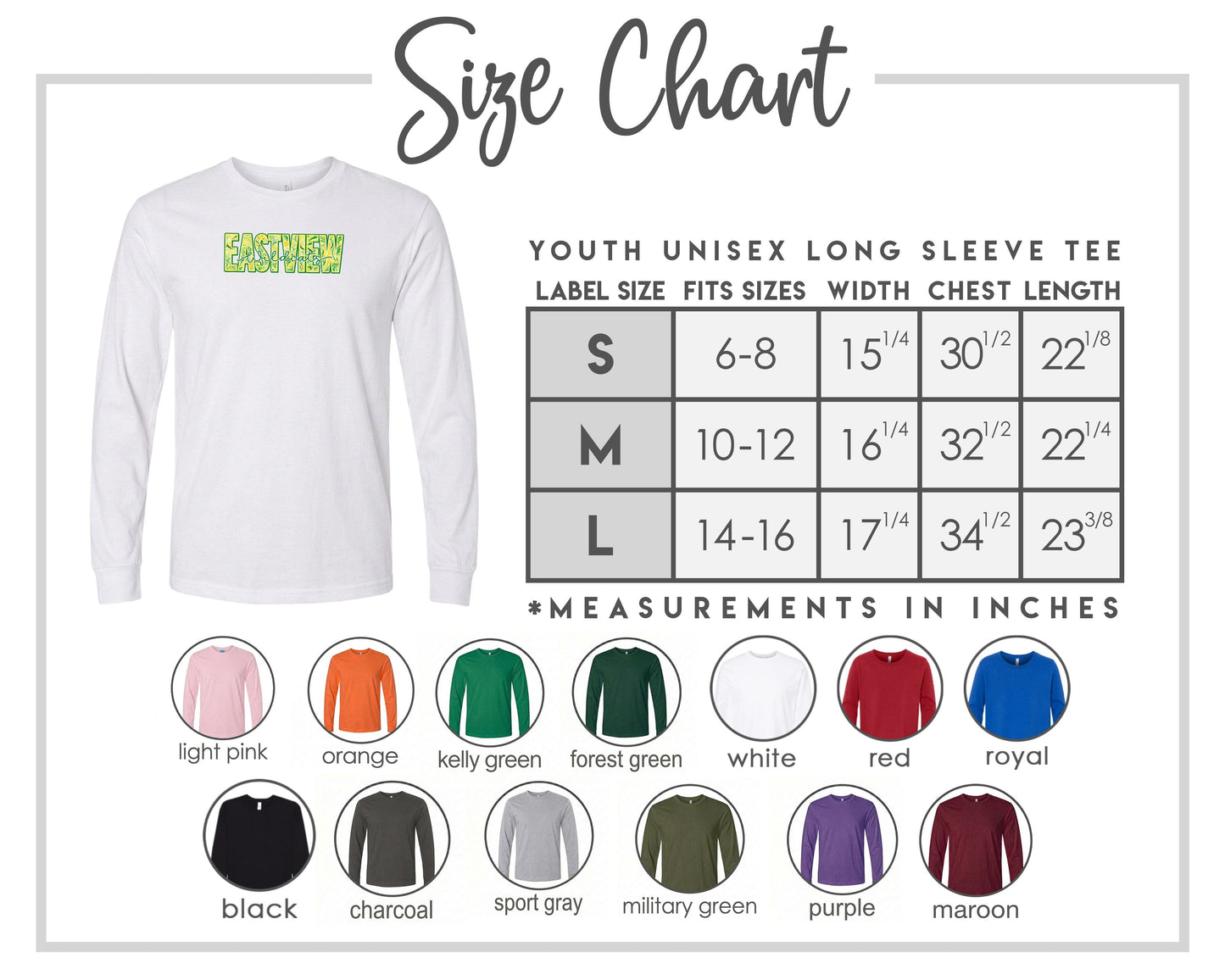 The image is a size chart for a youth unisex long sleeve tee, providing measurements for different age groups and sleeve length.