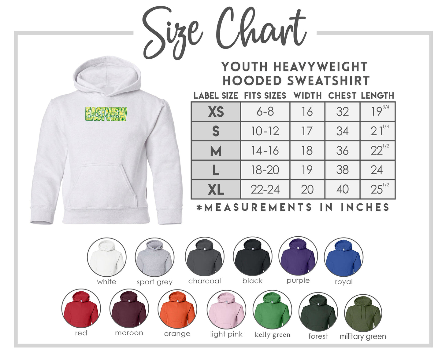 The image is a size chart for a youth heavyweight hooded sweatshirt, providing measurements for different age groups and sizes.