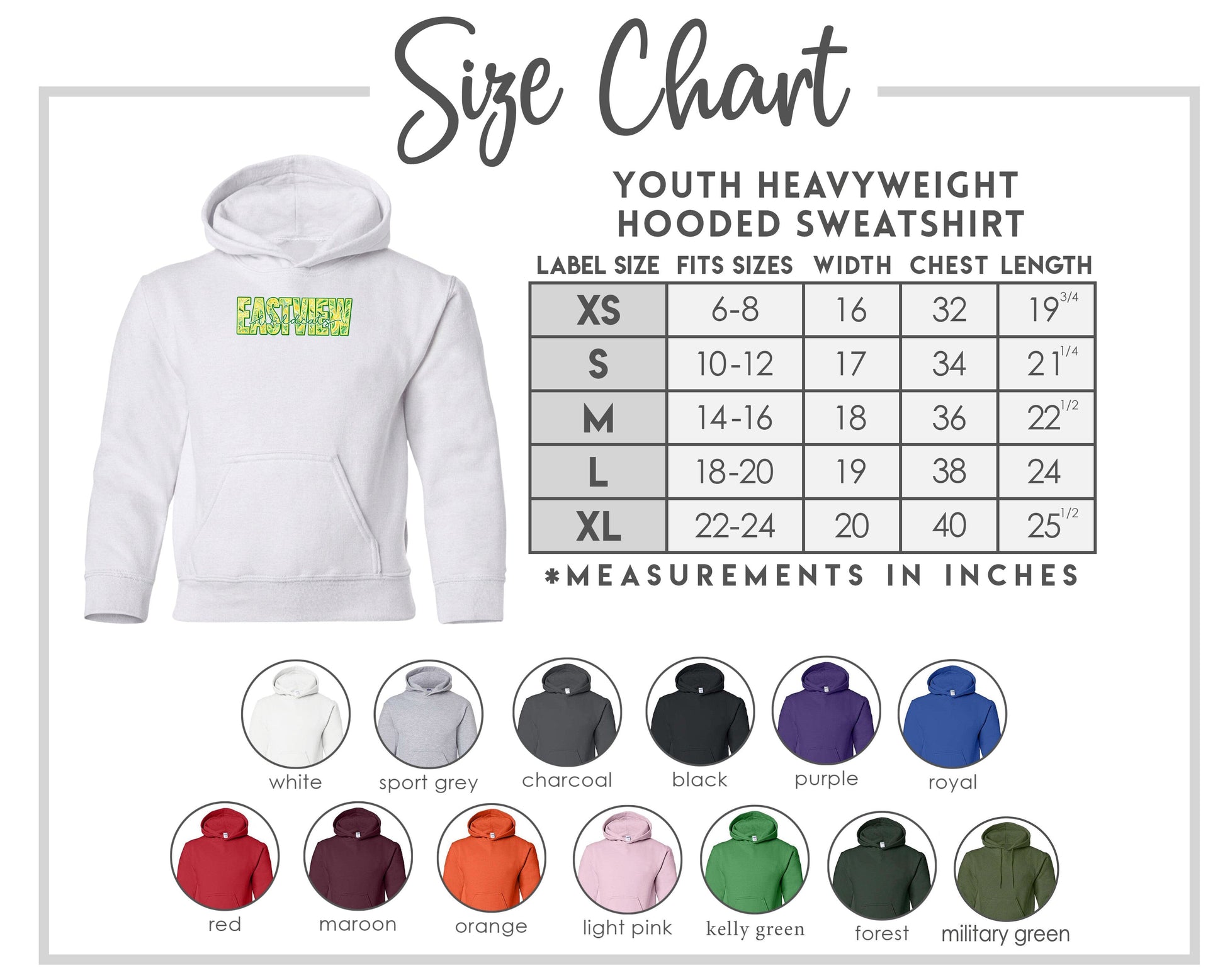 The image is a size chart for a youth heavyweight hooded sweatshirt, providing measurements for different age groups and sizes.