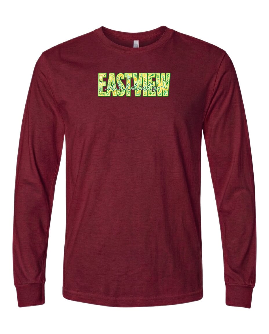A burgundy long-sleeved t-shirt with the text "EASTVIEW" printed in green and yellow letters across the front.