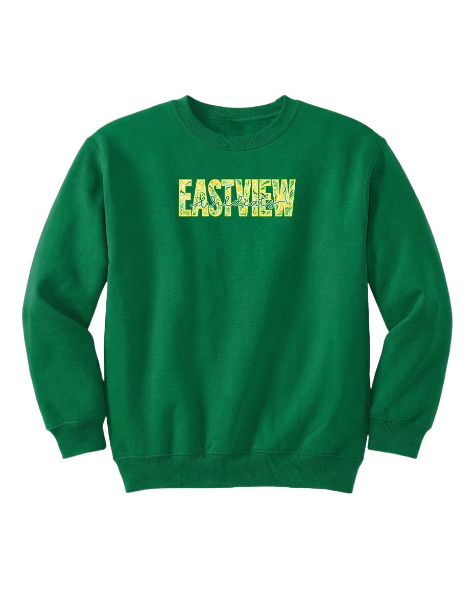 A bright green sweatshirt with the word "EASTVIEW" printed on it in yellow letters.
