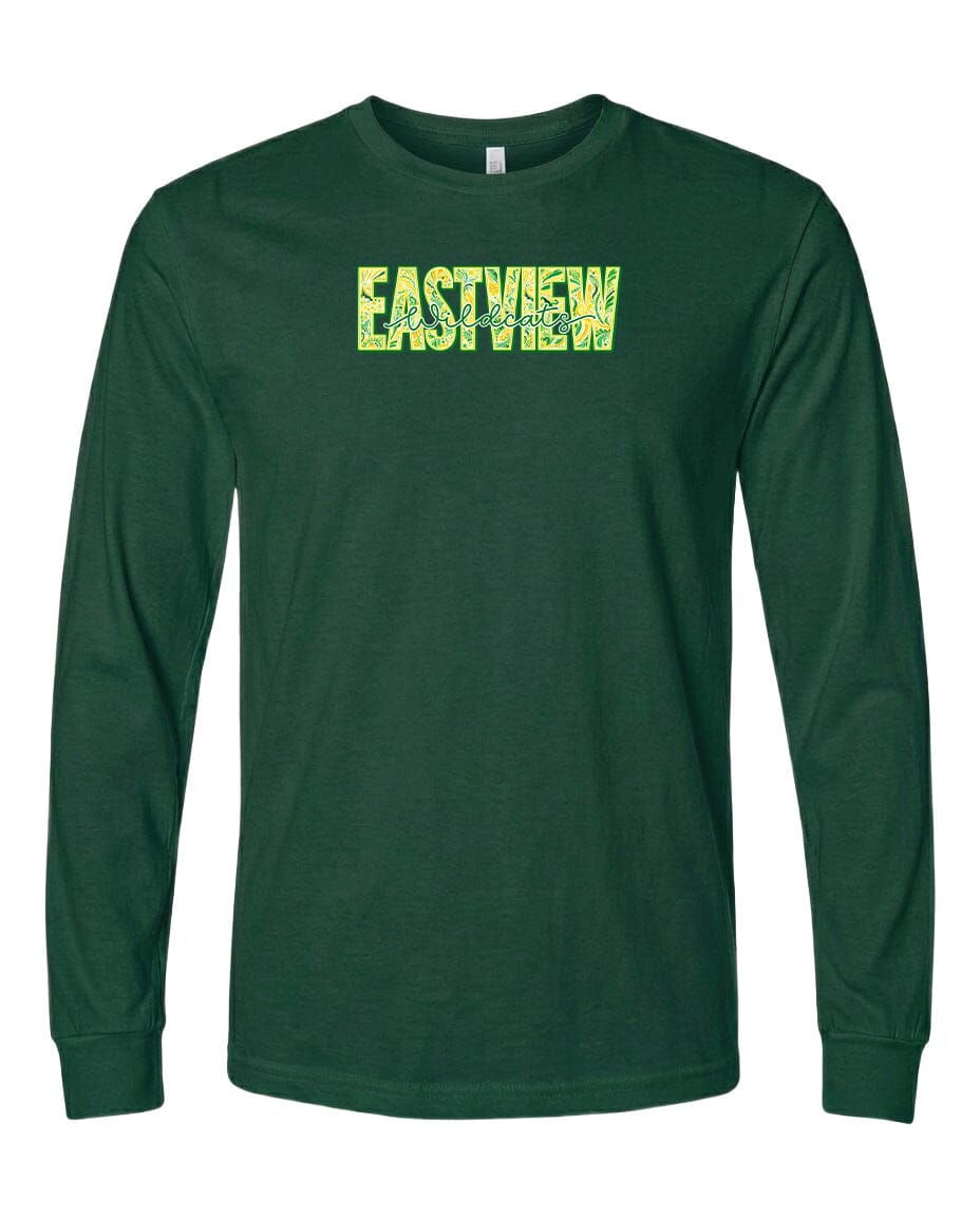 A dark green long-sleeved t-shirt with the word "EASTVIEW" printed in yellow letters across the front.