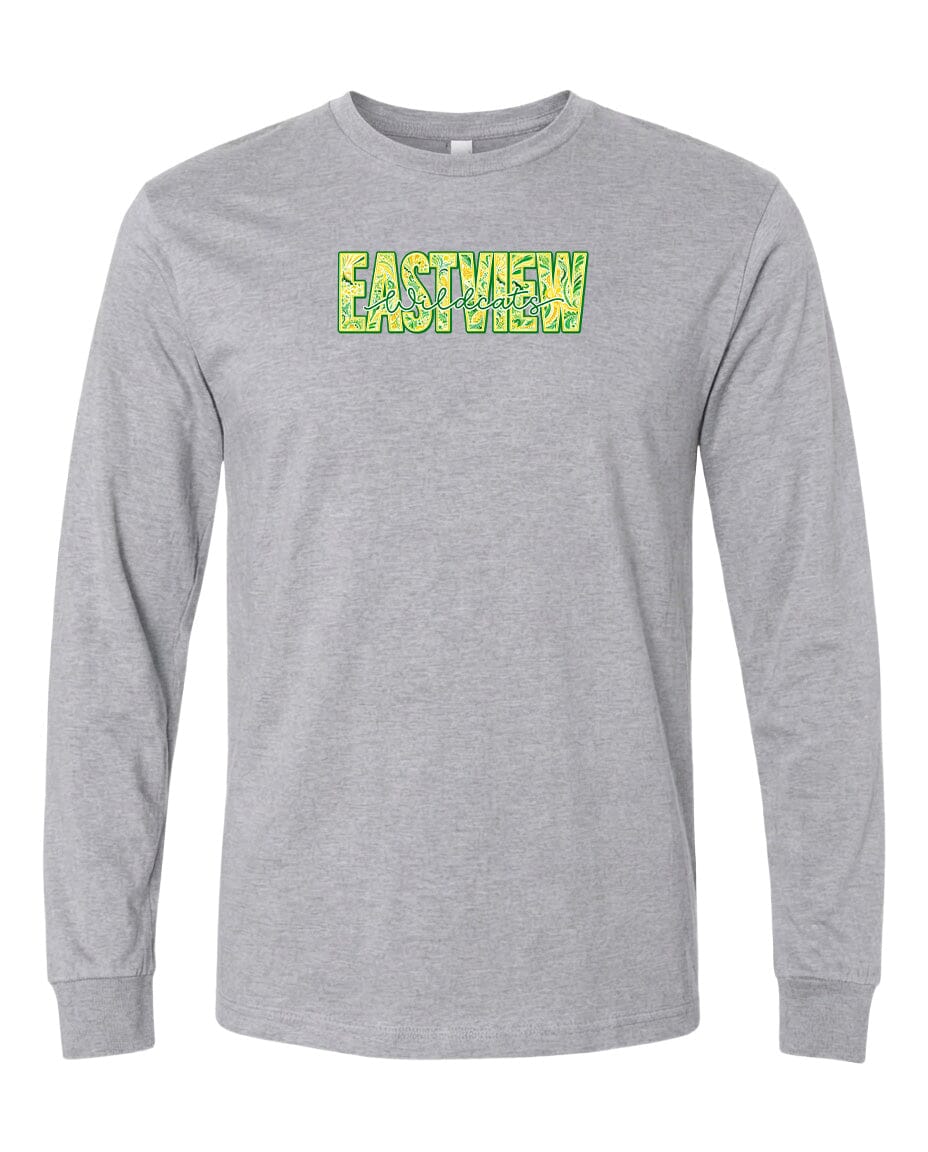 A gray long-sleeved t-shirt with the word "EASTVIEW" printed in green and yellow letters across the front.