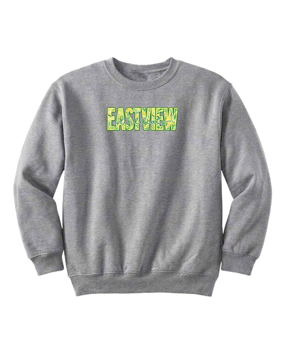 A gray sweatshirt with the word "EASTVIEW" printed in green letters across the chest.