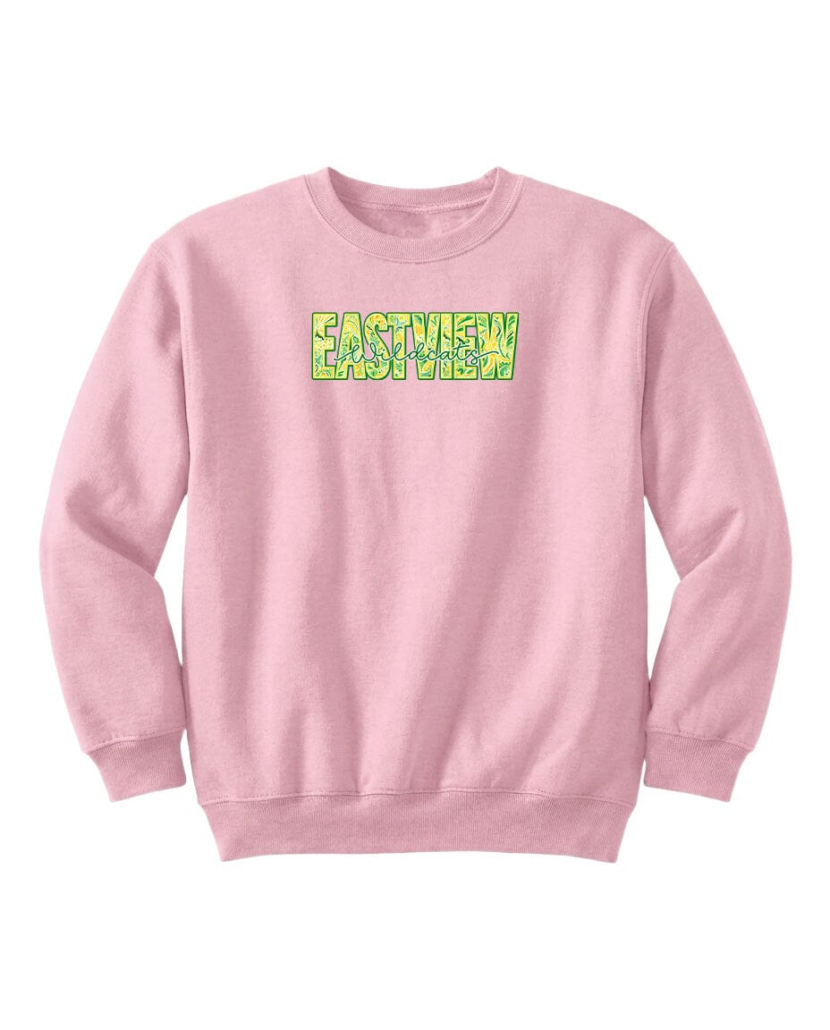 A pink sweatshirt with the word "EASTVIEW" printed on it in green and yellow text.