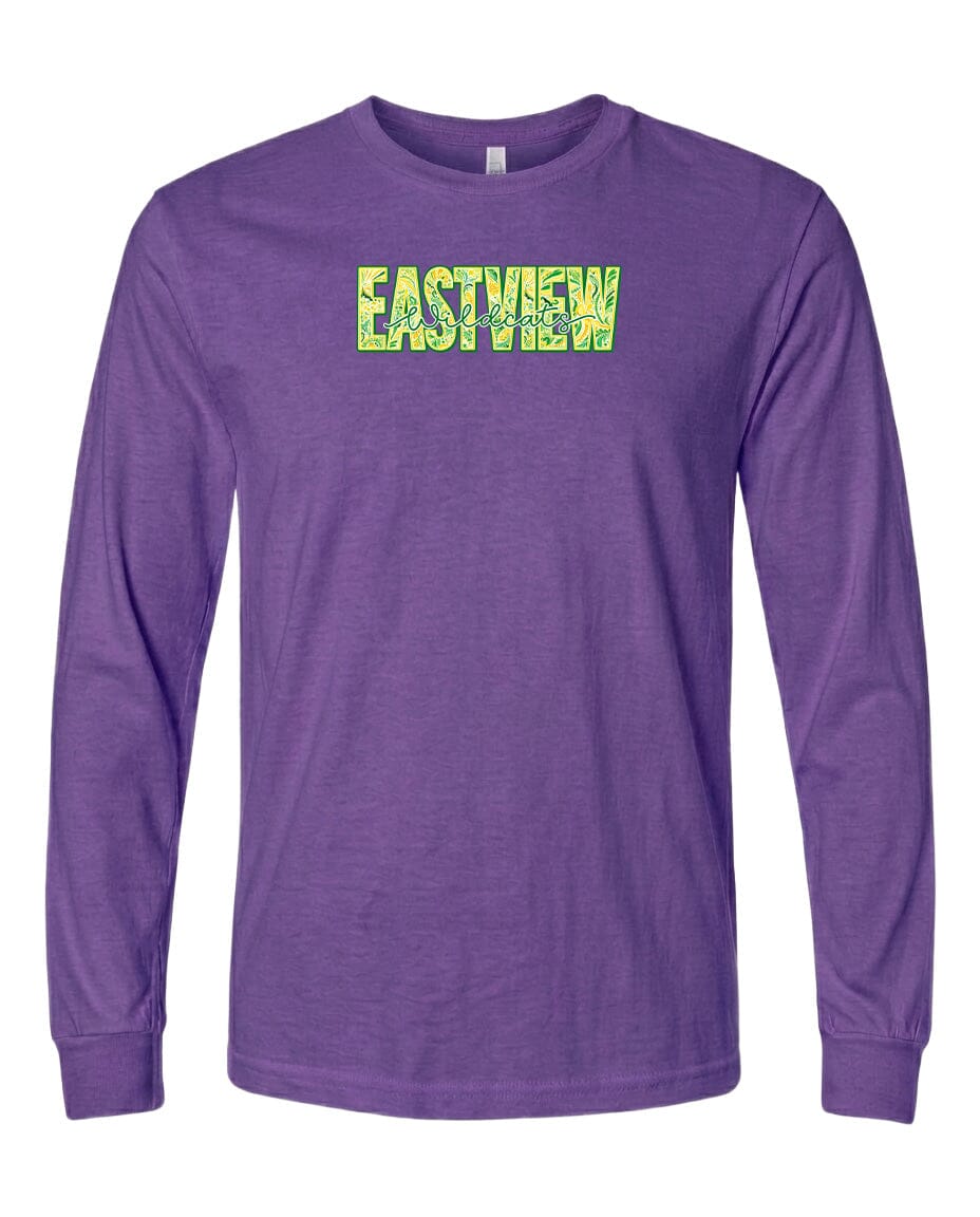 A purple long-sleeved t-shirt with the text "EASTVIEW" printed on it in a stylized font.