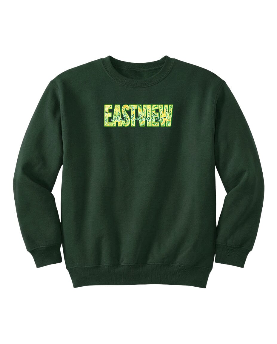 A dark green sweatshirt with the word "EASTVIEW" printed in yellow letters across the chest.
