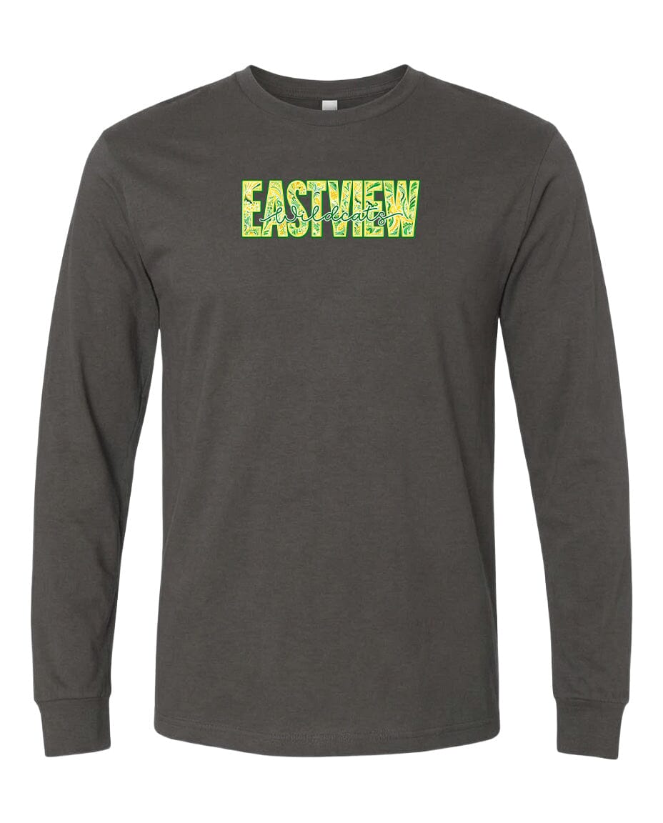 A gray long-sleeved t-shirt with the word "EASTVIEW" printed in green and yellow letters across the front.