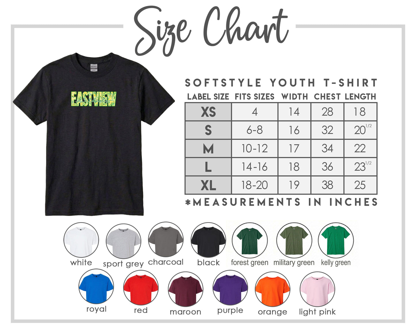 The image is a size chart for a softstyle youth t-shirt, providing measurements for different sizes and corresponding t-shirt colors.