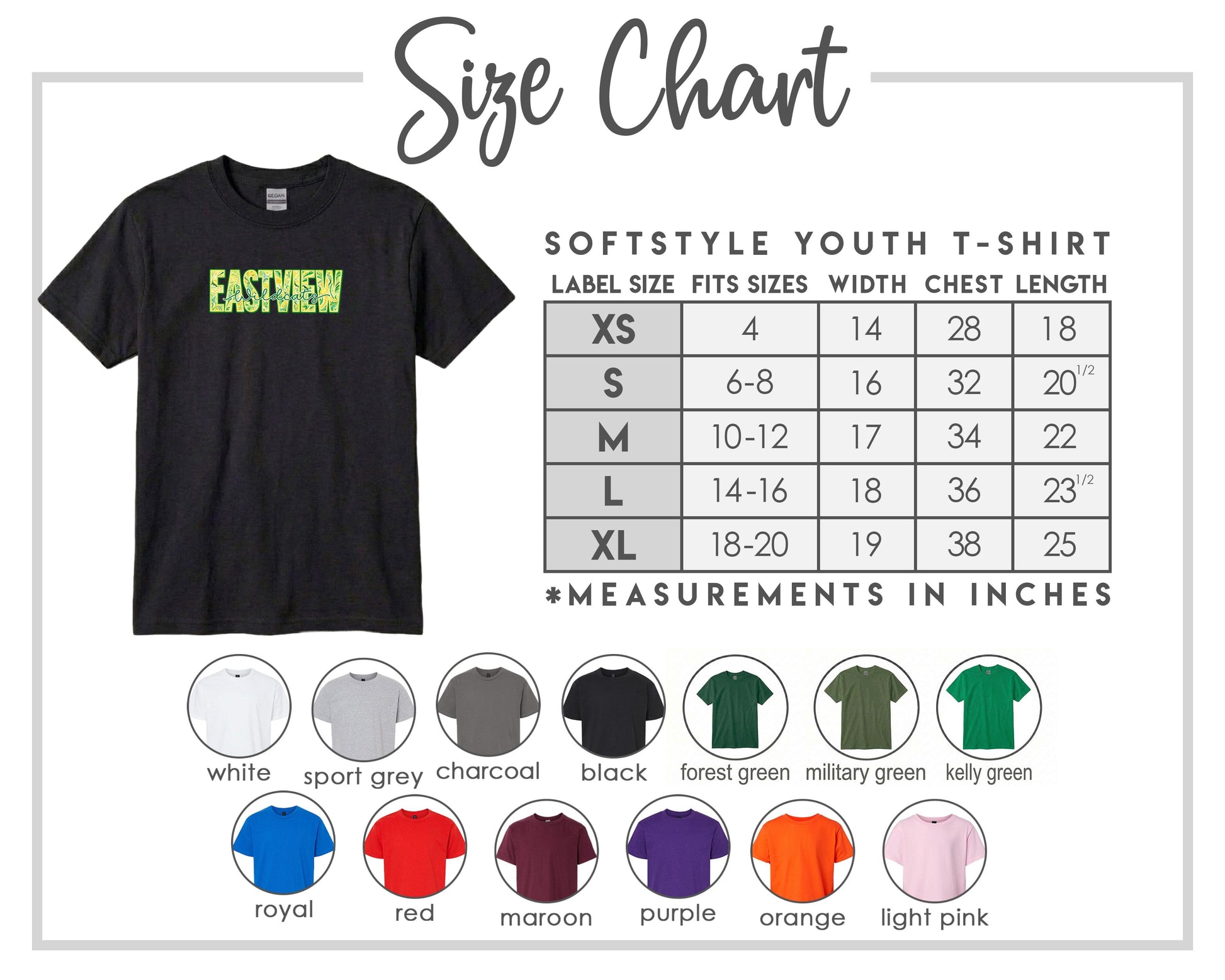 The image is a size chart for a softstyle youth t-shirt, providing measurements for different sizes and corresponding t-shirt colors.