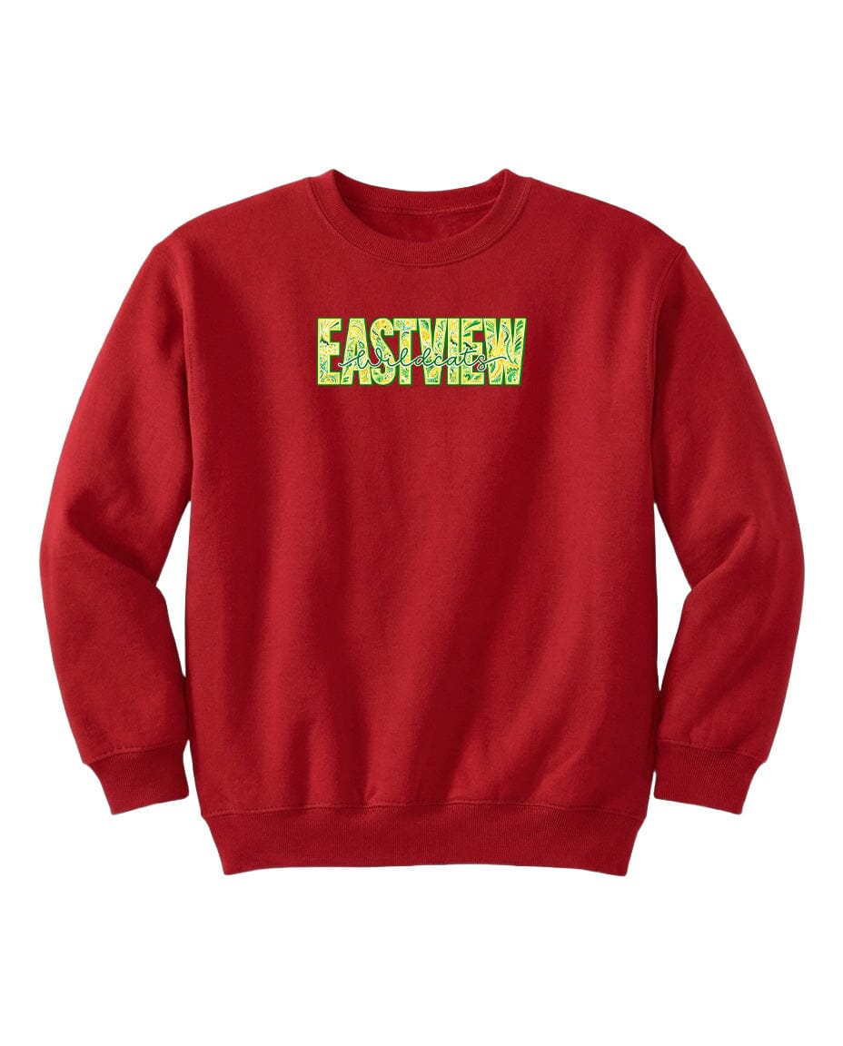 A red sweatshirt with the word "EASTVIEW" printed on it in green and yellow text.