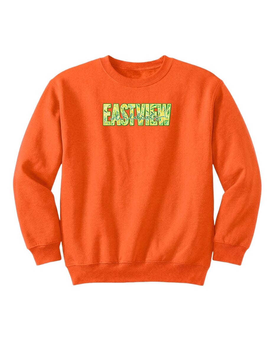 An orange sweatshirt with the word "EASTVIEW" printed on it in green and yellow text.