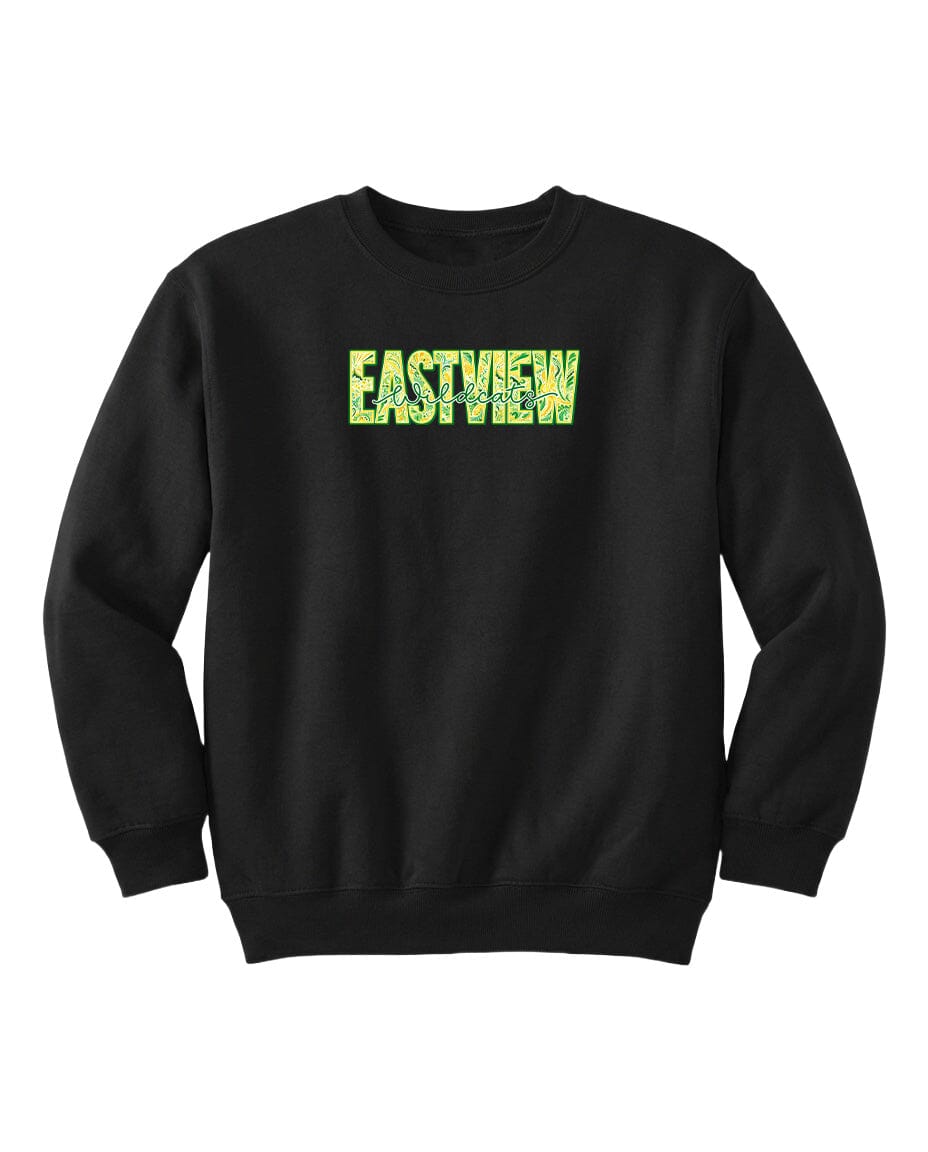 A black sweatshirt with the word "EASTVIEW" printed in green text across the front.