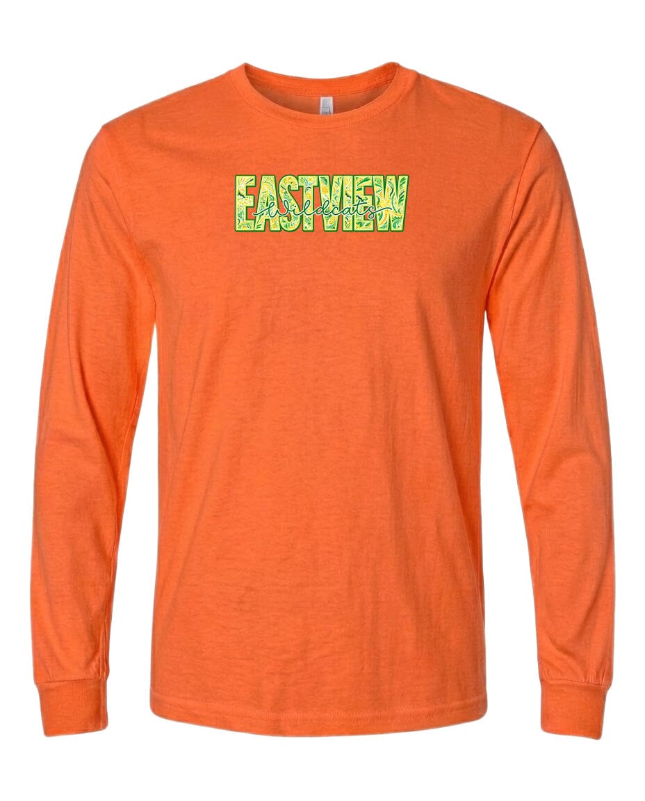 An orange long-sleeved t-shirt with the text "EASTVIEW" printed on it in a stylized font.