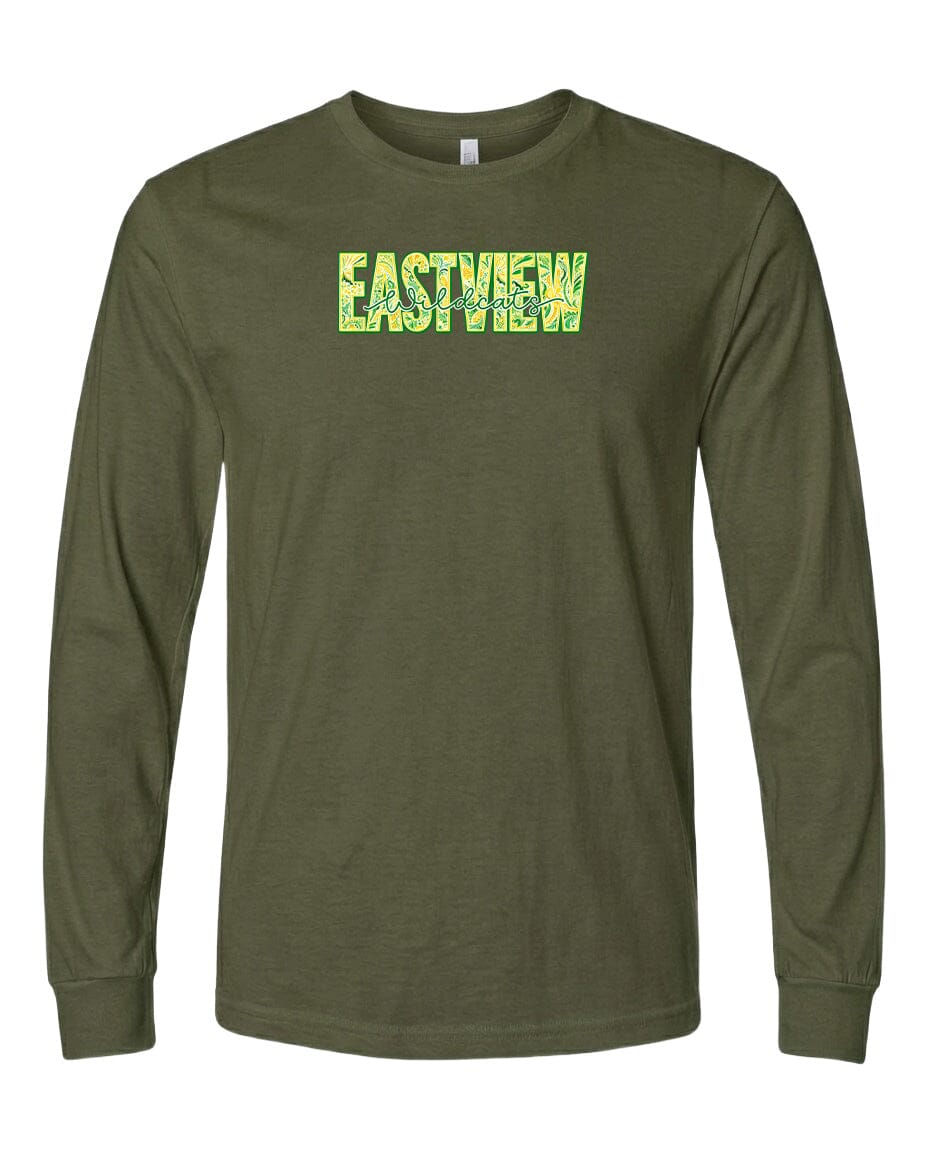 A dark green long-sleeved t-shirt with the word "EASTVIEW" printed in a stylized font across the front.