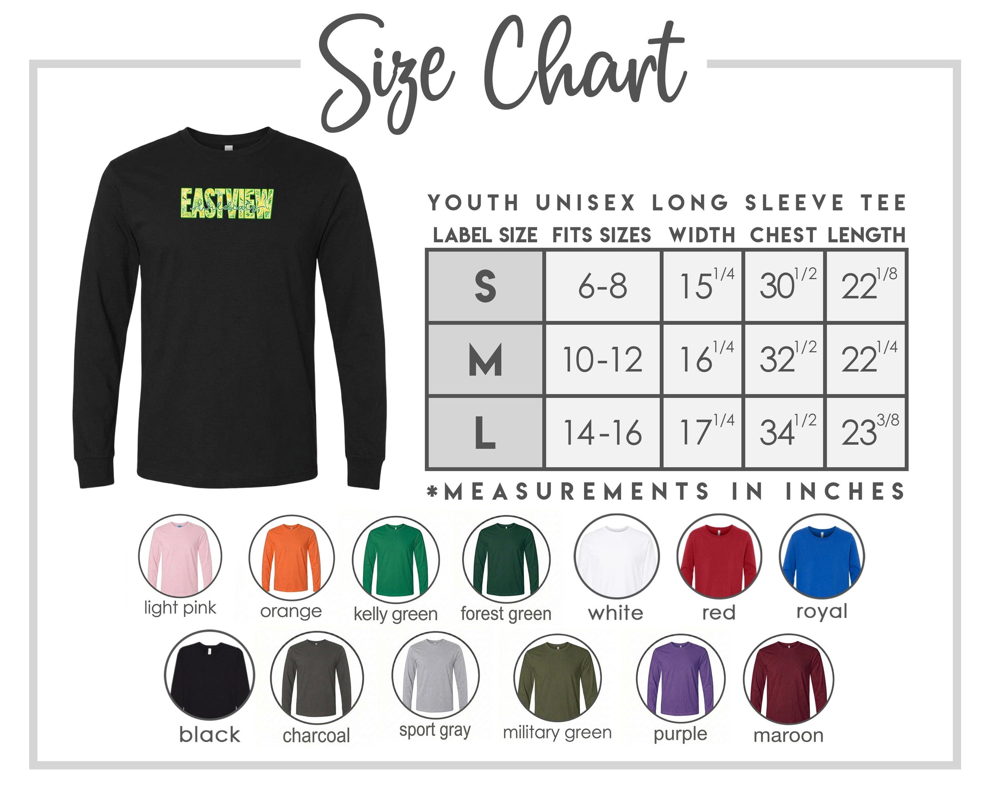 The image is a size chart for a youth unisex long sleeve tee, including various color options and corresponding measurements.