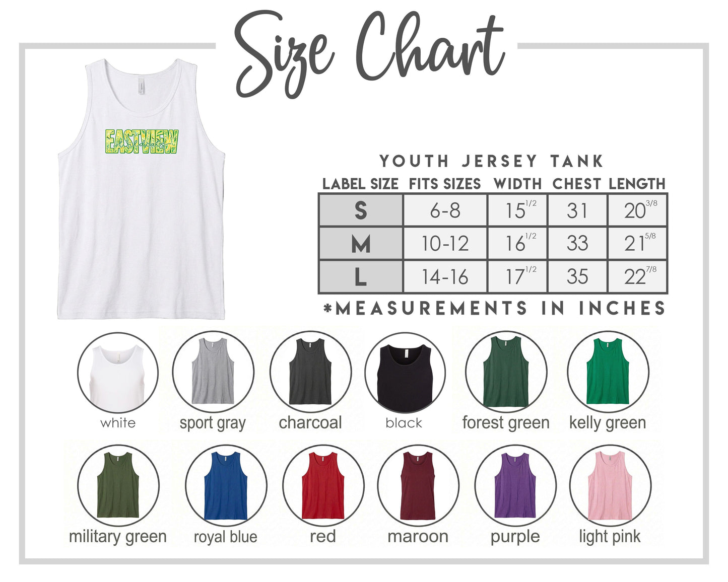 The image is a size chart for a youth jersey tank, displaying various color options and corresponding measurements in inches.