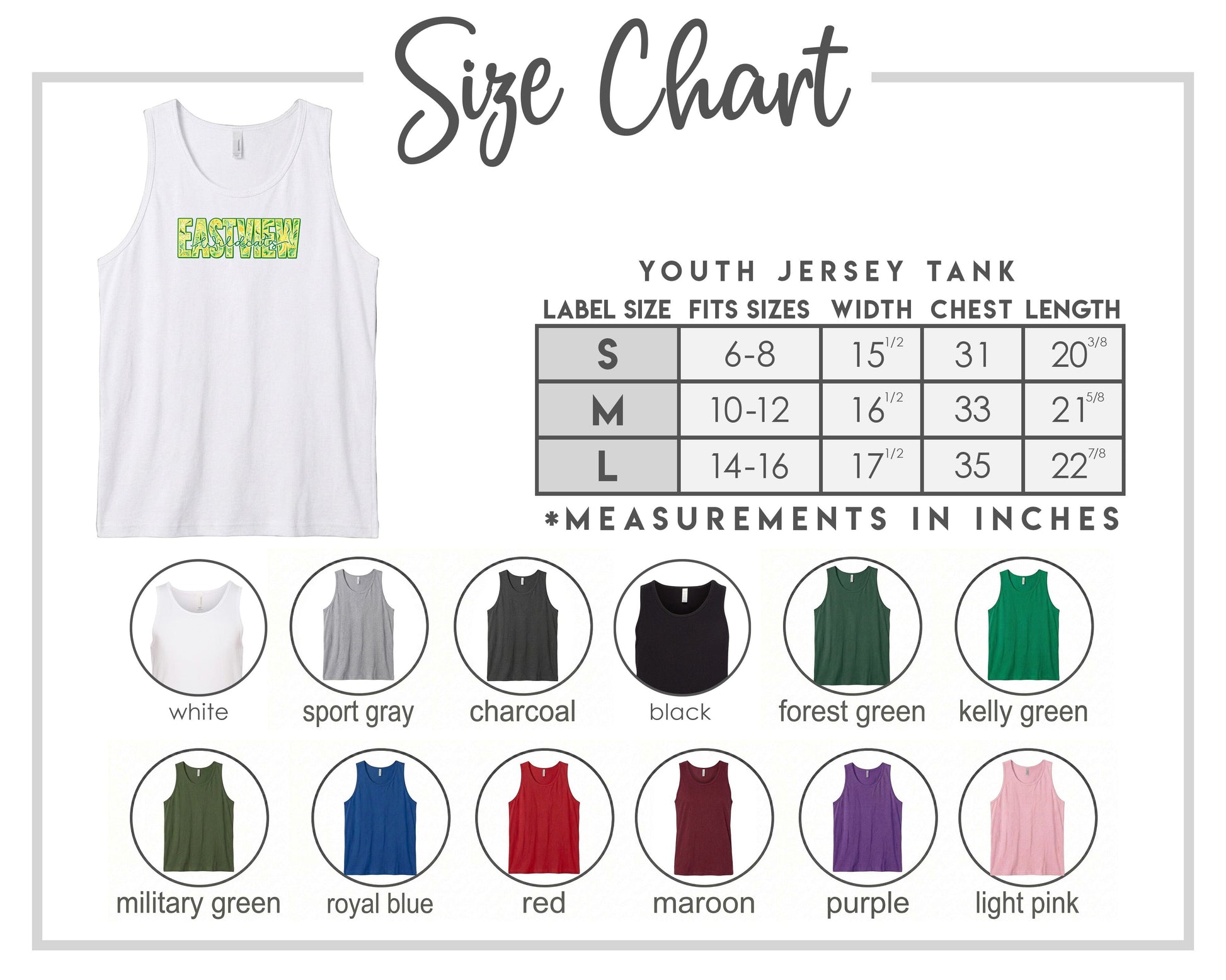 The image is a size chart for a youth jersey tank, displaying various color options and corresponding measurements in inches.