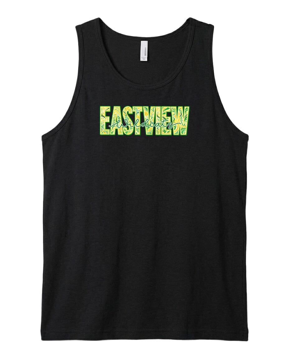 A black tank top with the word "EASTVIEW" printed in green and yellow letters across the front.