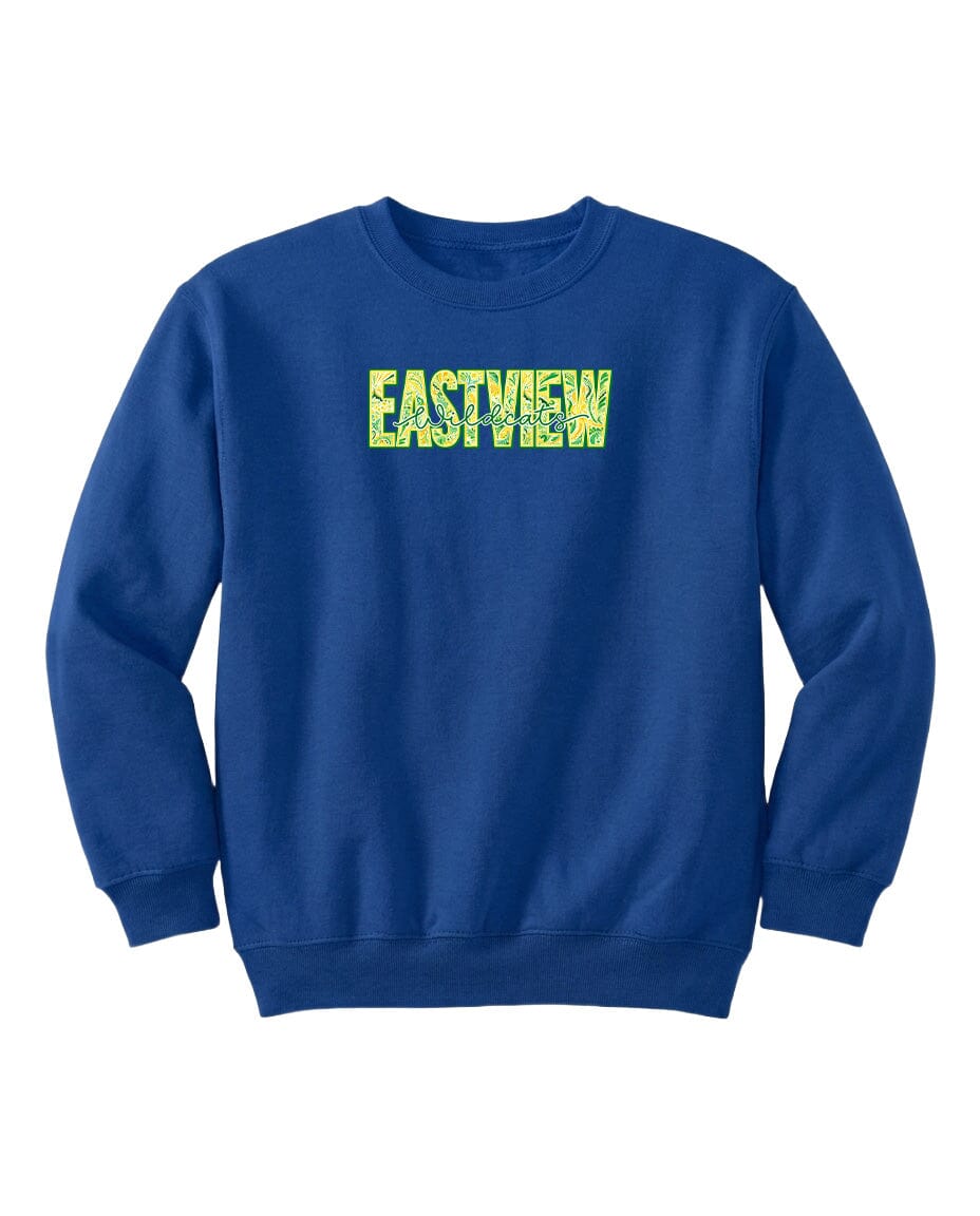 A blue sweatshirt with the text "EASTVIEW" printed on it in a stylized font.