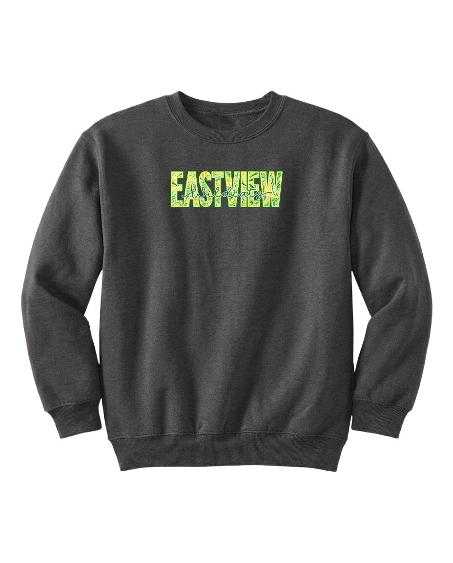 A gray sweatshirt with the word "EASTVIEW" printed in green letters across the chest.