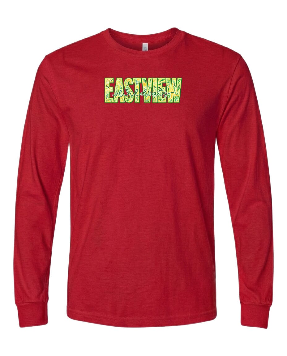 A red long-sleeved t-shirt with the word "EASTVIEW" printed on it in a stylized font.