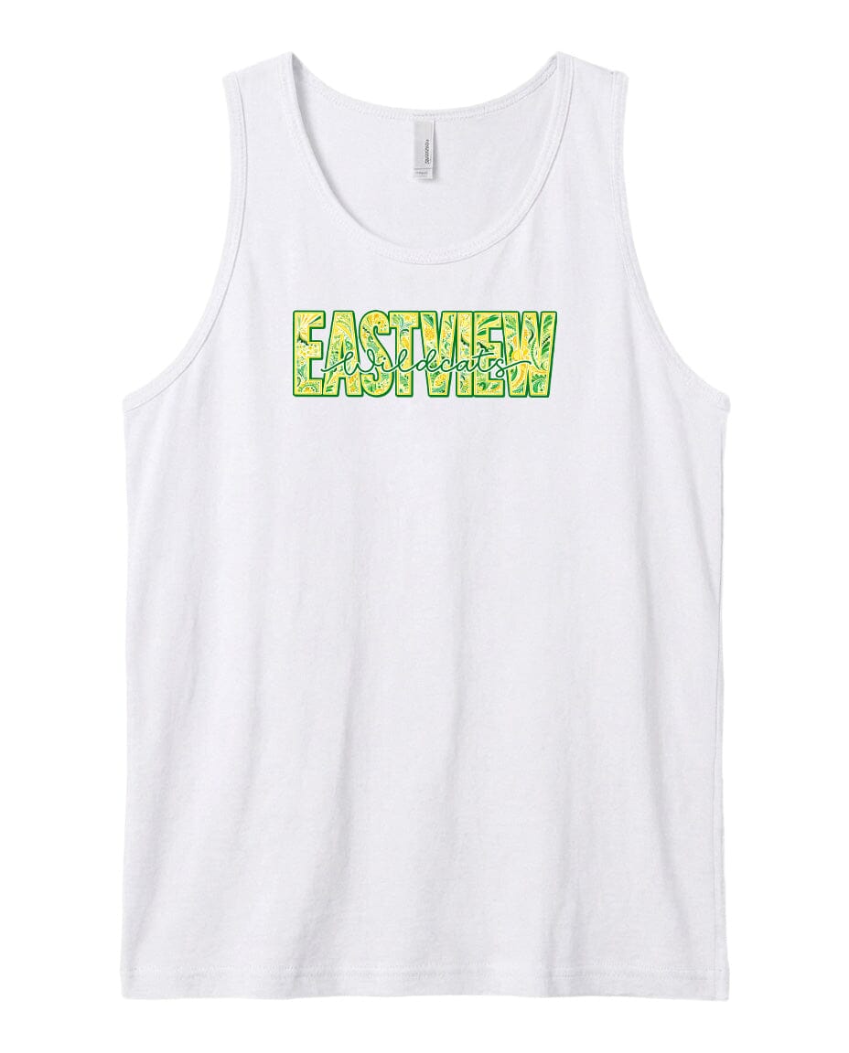 A white tank top with the word "EASTVIEW" printed in green and yellow letters across the front.