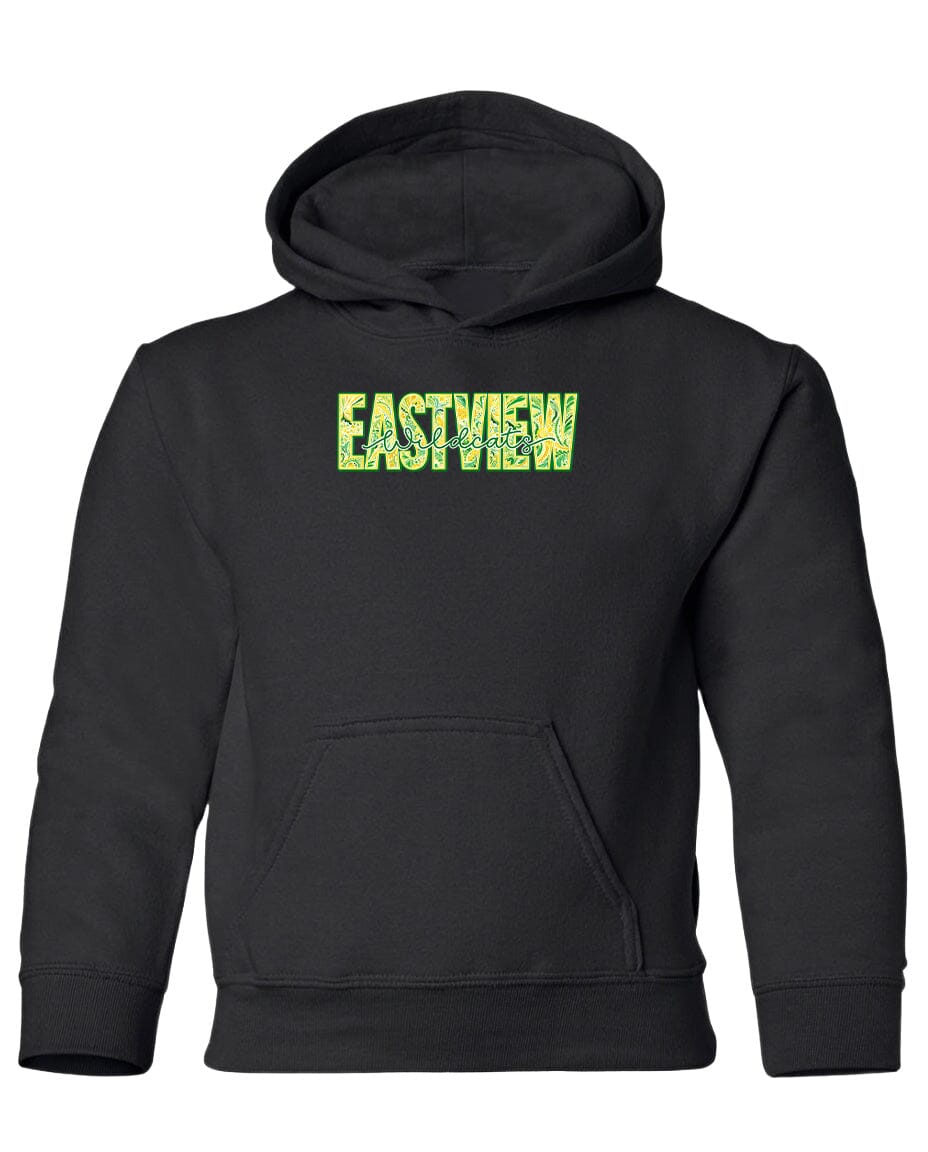 A black hooded sweatshirt with the word "EASTVIEW" printed in green letters across the chest.