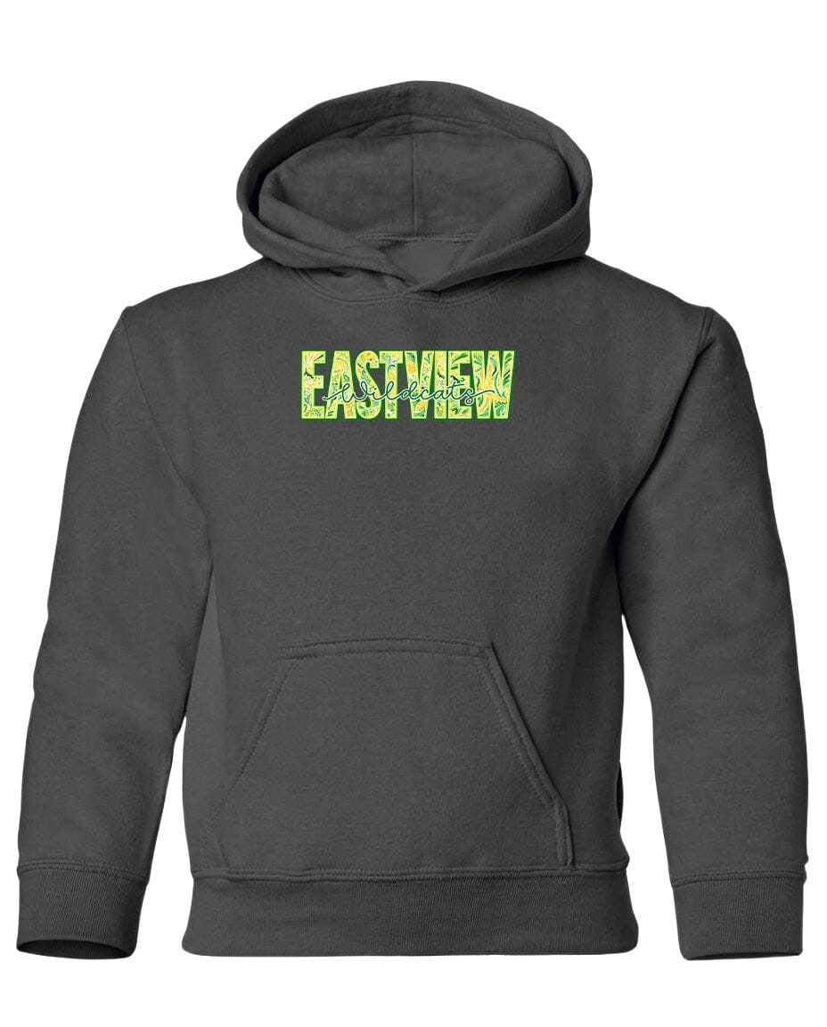 A gray hooded sweatshirt with the word "EASTVIEW" printed in green letters across the front.