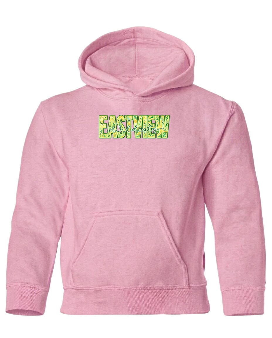 A pink hoodie with the word "EASTVIEW" printed on it in a stylized font.